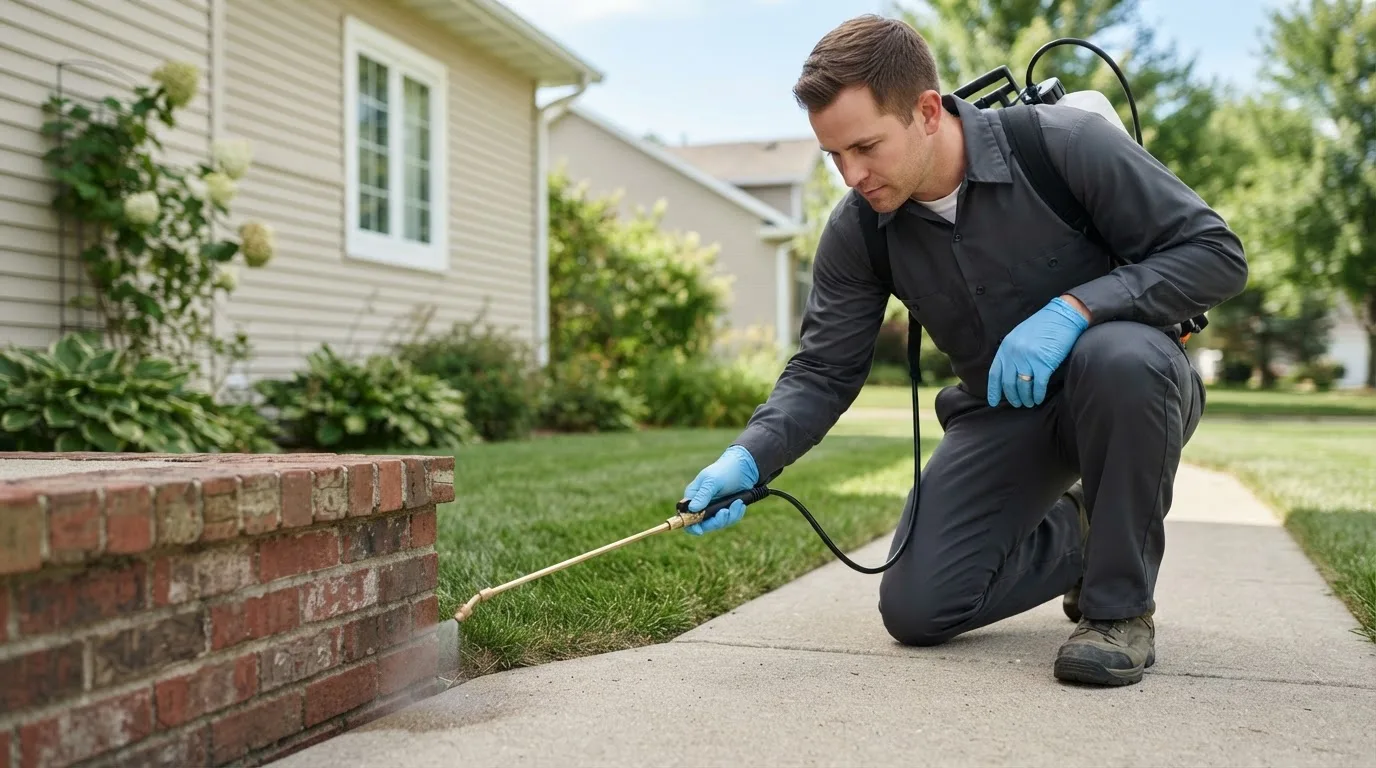Pest control technician treating a home near Heflin, AL